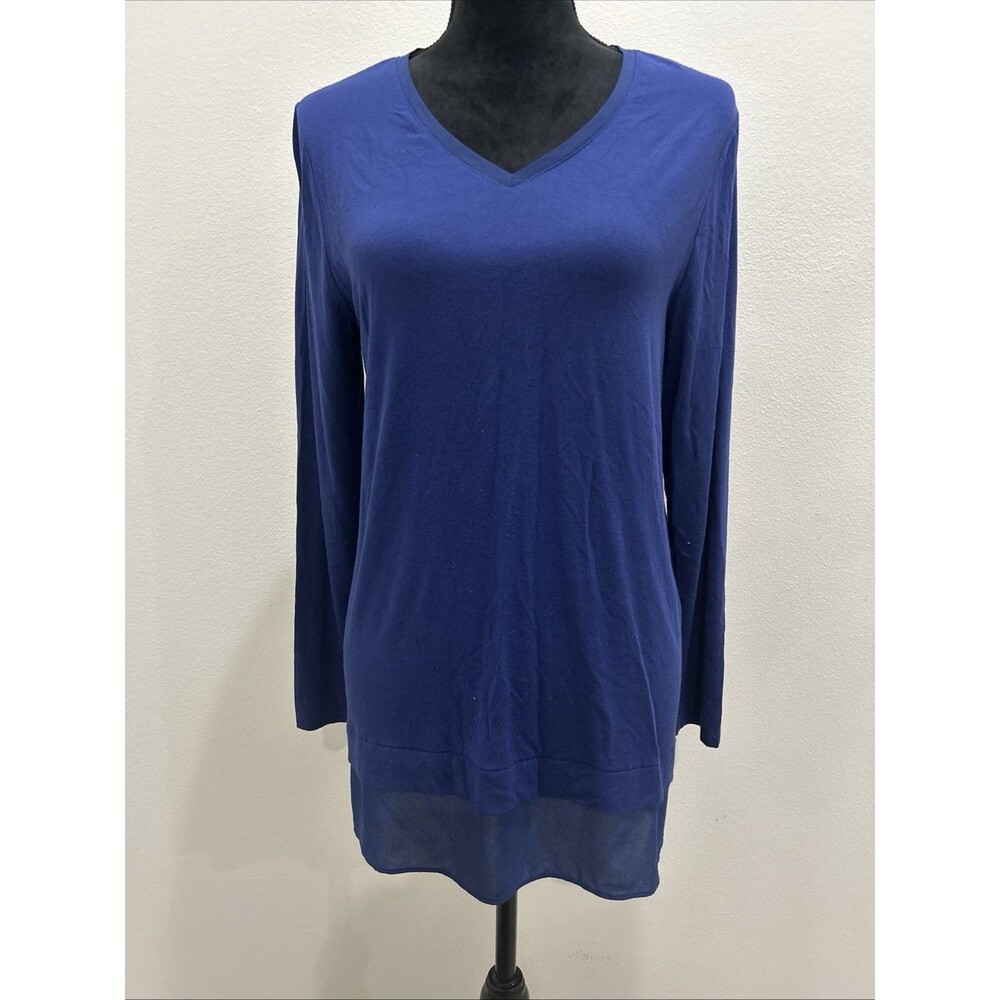 Chicos Sz 1 Womens M Blue Blouse V Neck Sheer Hem Long Sleeve Rayon